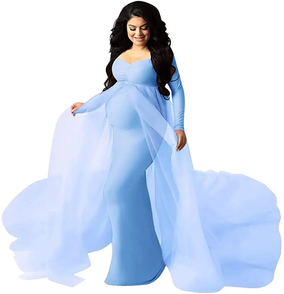 Sepzay Women's Long Sleeve Off Shoulder Maternity Maxi Photography Dress Tulle Wedding Mermaid Gown for Photoshoot Baby Shower-Maternity Miracles - Mom & Baby Gifts