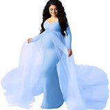 Sepzay Women's Long Sleeve Off Shoulder Maternity Maxi Photography Dress Tulle Wedding Mermaid Gown for Photoshoot Baby Shower-Maternity Miracles - Mom & Baby Gifts
