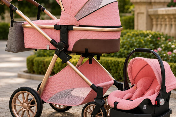 Maternity Miracles pink 3-in-1 stroller travel system with bassinet and infant car seat
