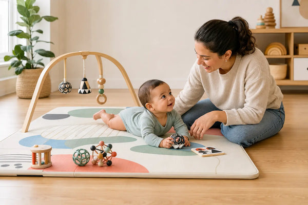 Parent supervising an awake baby during tummy time on a firm floor play mat