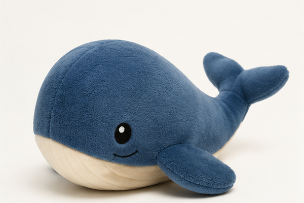Ocean Blue Whale Plush, an optional story-time gift for a big sibling aged three or older