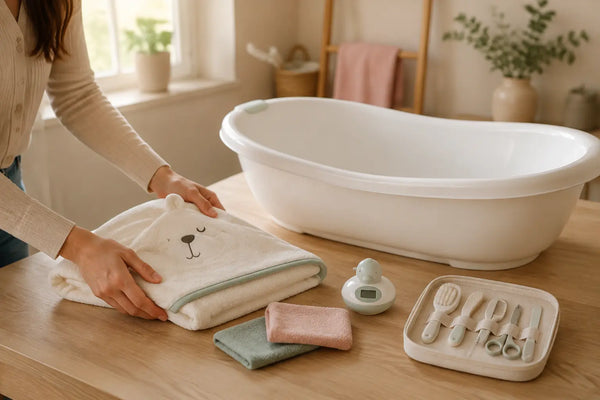 Parent preparing a dry infant bath tub with a hooded towel, washcloths, bath thermometer and baby grooming kit