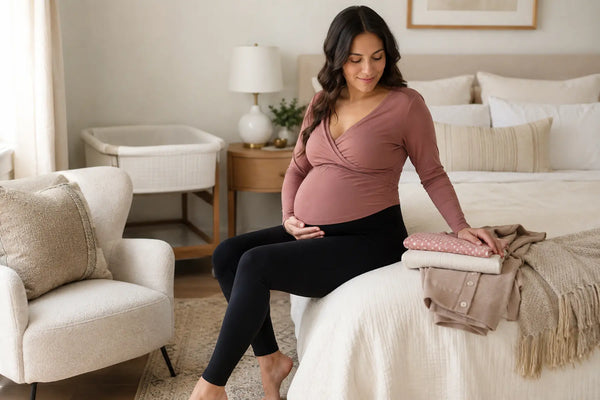 Pregnant woman wearing a comfortable nursing top and maternity leggings in a calm bedroom