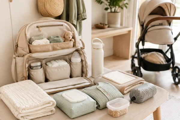 Organized diaper backpack with baby essentials and stroller ready for a family day out