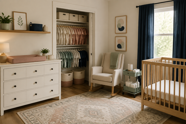 A calm organized nursery with an empty crib, divided closet, changing dresser and rocking chair