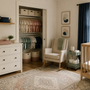 A calm organized nursery with an empty crib, divided closet, changing dresser and rocking chair