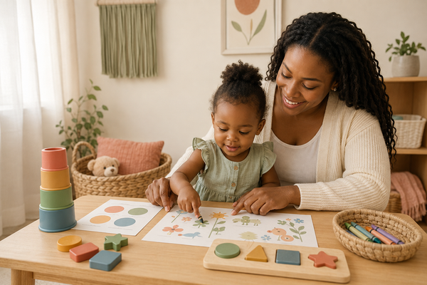 Mother and toddler enjoying a screen-free learning routine with printable activities, stacking cups, shapes and crayons