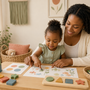 Mother and toddler enjoying a screen-free learning routine with printable activities, stacking cups, shapes and crayons