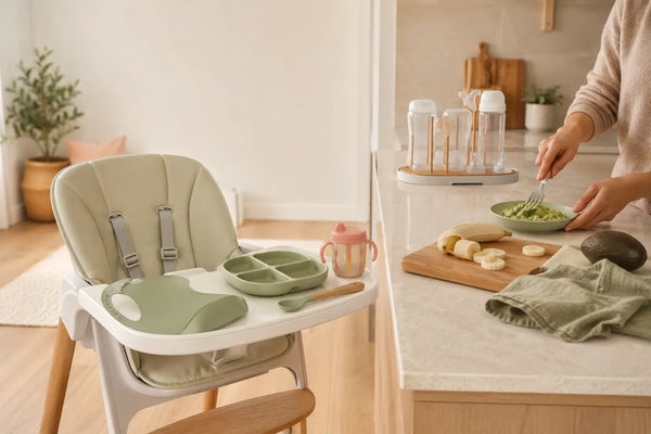 Parent preparing a high chair with a silicone feeding set, bib, snack cup and age-appropriate first foods
