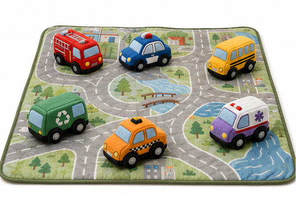 Portable travel toys for babies and toddlers with a soft fold-up play mat