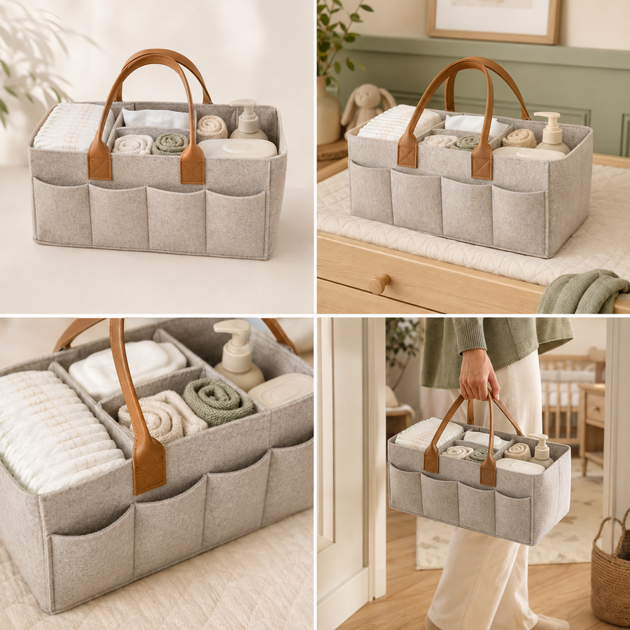 Useful baby-shower gifts under fifty dollars including a nursery diaper caddy
