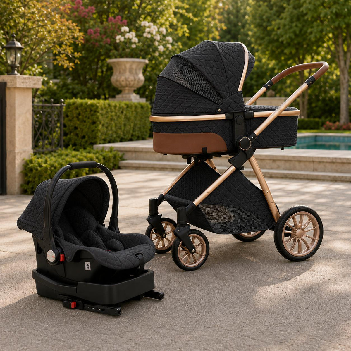 Black and gold stroller travel system rear view