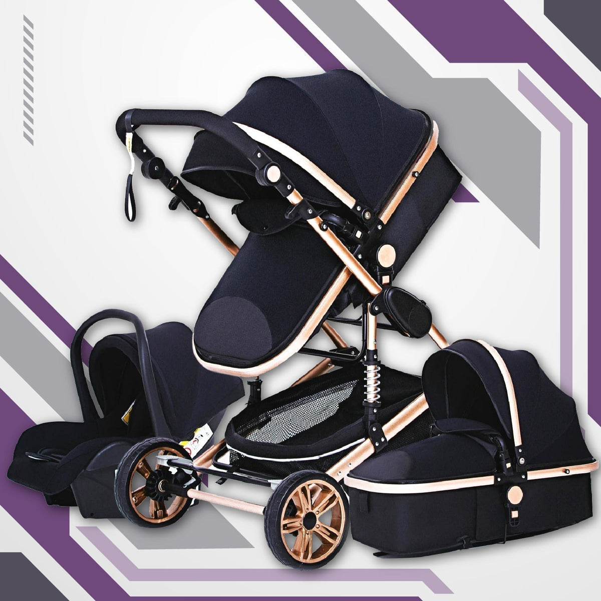 black and gold car seat and stroller Black/Gold 3-in-1 Baby Stroller Luxury & Car Seat – Maternity Miracles