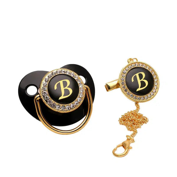 Baby Pacifier Luxury Glam Crystal Black Bling Pacifier And Chain Clip Golden main image 1