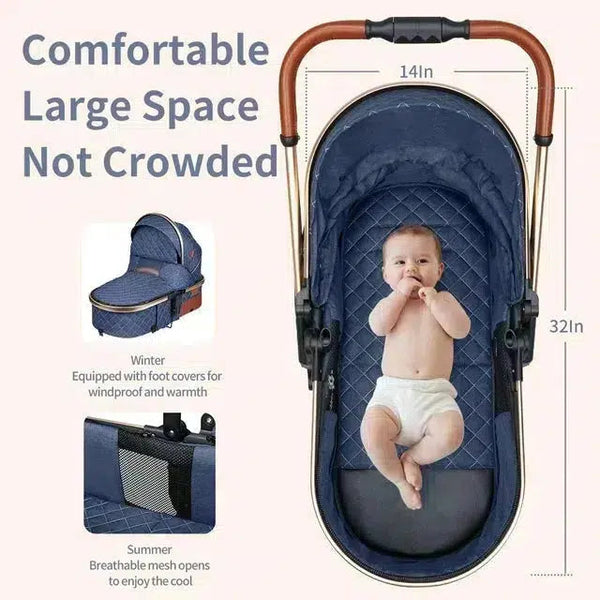 white stroller and car seat White/Gold Premium 3-in-1 Baby Stroller (Car Seat & Base Included)