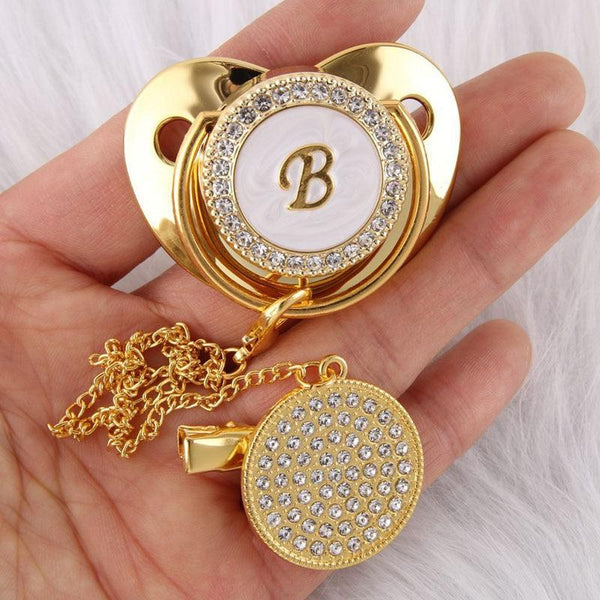 Customized Letter Gold Bling Baby Pacifier & Clips – Maternity Miracles