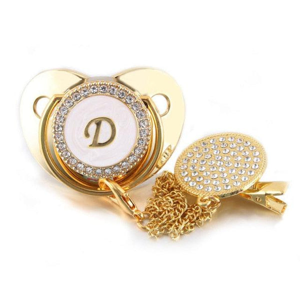Customized Letter Gold/White Baby Bling Pacifier & Clips