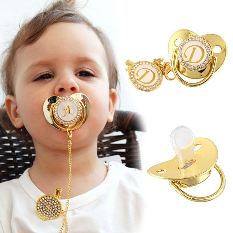 Customized Letter Gold/White Baby Bling Pacifier & Clips