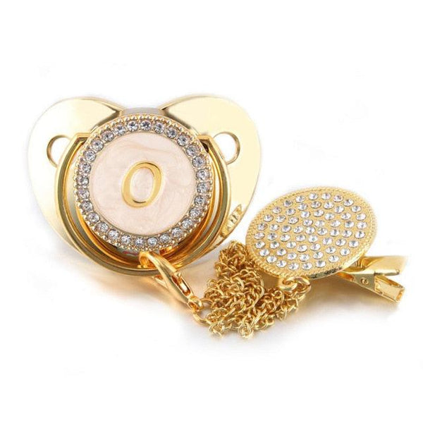 Customized Letter Gold/White Baby Bling Pacifier & Clips