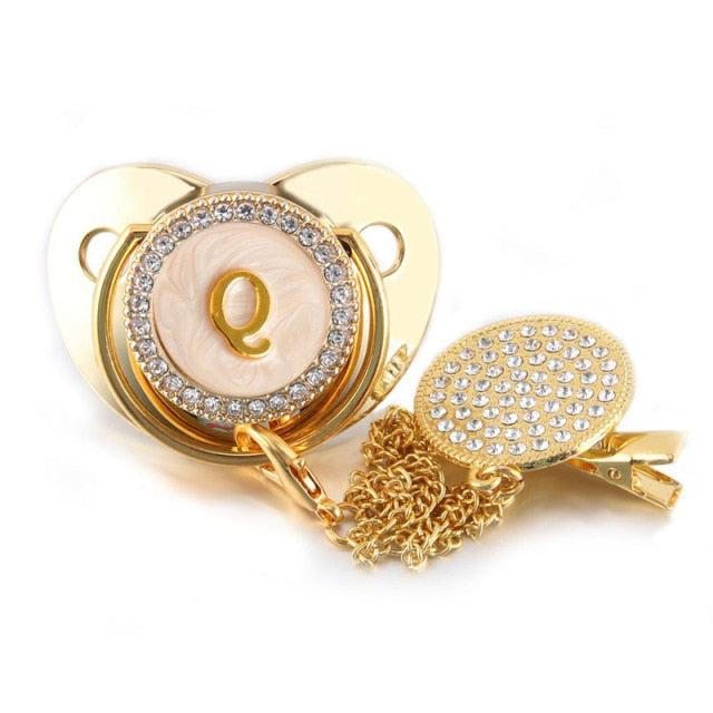 Customized Letter Gold/White Baby Bling Pacifier & Clips