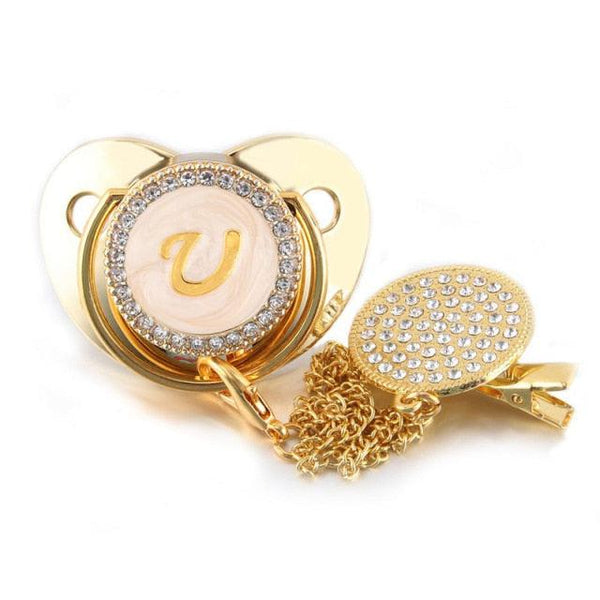 Customized Letter Gold/White Baby Bling Pacifier & Clips