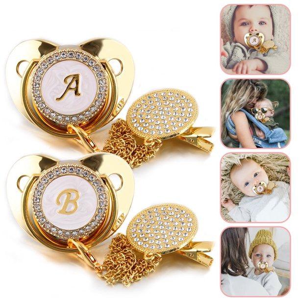 Customized Letter Gold/White Baby Bling Pacifier & Clips