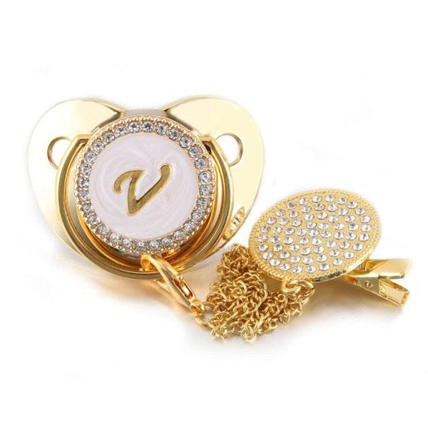Customized Letter Gold/White Baby Bling Pacifier & Clips