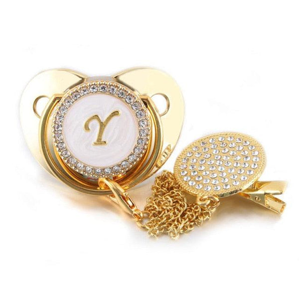 Customized Letter Gold/White Baby Bling Pacifier & Clips