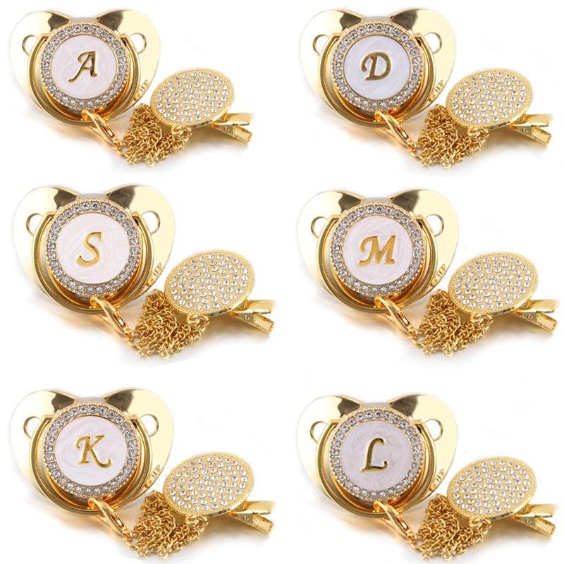Customized Letter Gold/White Baby Bling Pacifier & Clips