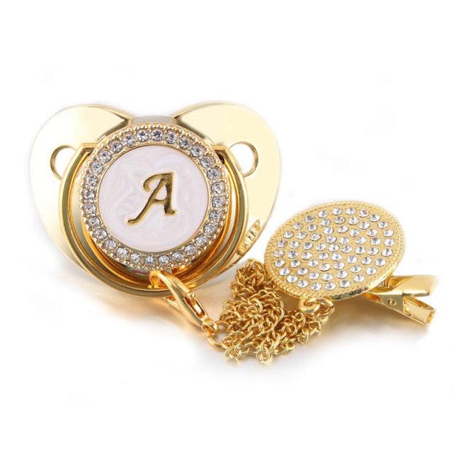 Customized Letter Gold/White Baby Bling Pacifier & Clips