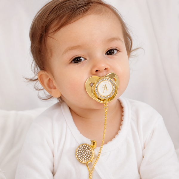 Customized Letter Gold/White Baby Bling Pacifier & Clips-Maternity Miracles - Mom & Baby Gifts