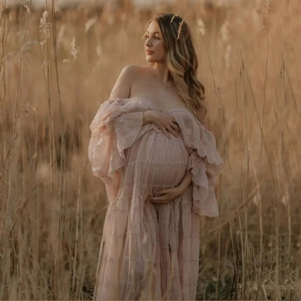 Elegant Boho Maternity Dress, L / Ivory