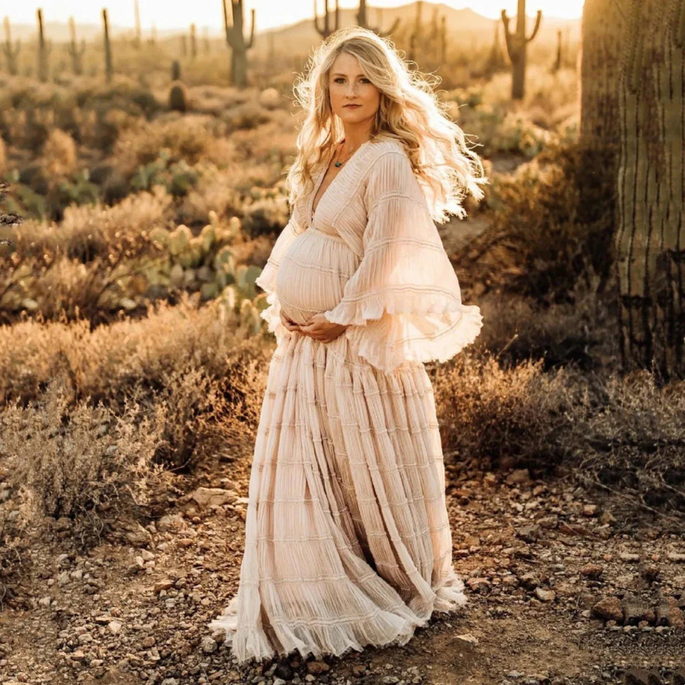 Elegant Boho Maternity Dress, L / Ivory