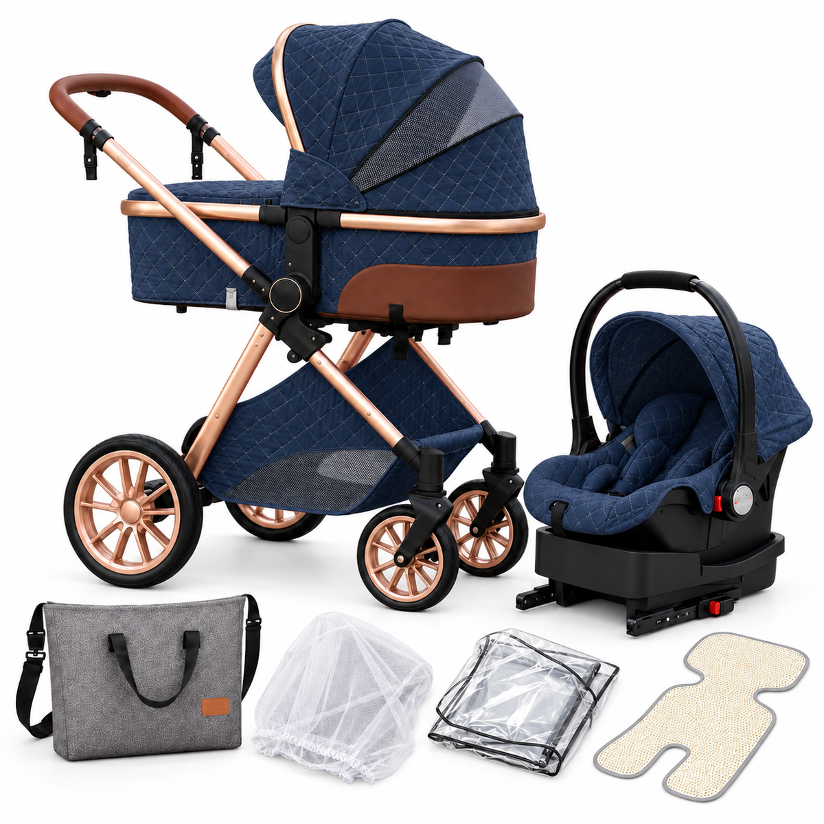 Brilliant Dark Blue 3-in-1 stroller with bassinet, infant car seat, ISOFIX base, diaper bag, mosquito net, rain cover and summer mat on a white background.