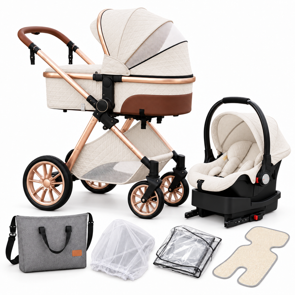Luxurious Creamy White 3-in-1 stroller with bassinet, infant car seat, ISOFIX base, diaper bag, mosquito net, rain cover and summer mat on a white background.