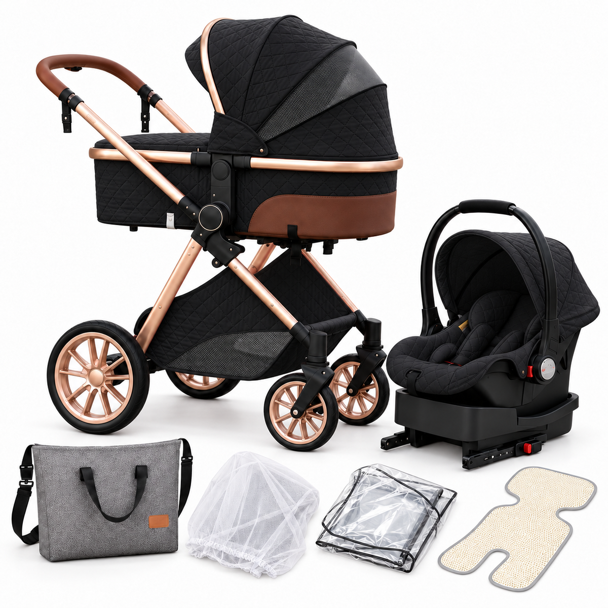 Majestic Black 3-in-1 stroller with bassinet, infant car seat, ISOFIX base, diaper bag, mosquito net, rain cover and summer mat on a white background.