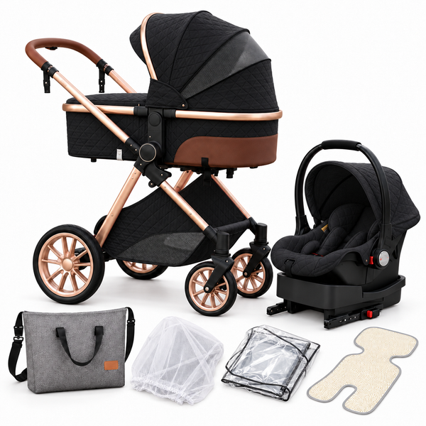 Majestic Black 3-in-1 stroller with bassinet, infant car seat, ISOFIX base, diaper bag, mosquito net, rain cover and summer mat on a white background.