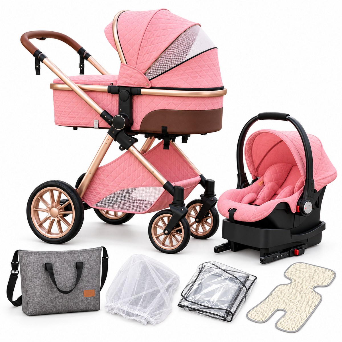 Perfect Pink 3-in-1 stroller with bassinet, infant car seat, ISOFIX base, diaper bag, mosquito net, rain cover and summer mat on a white background.