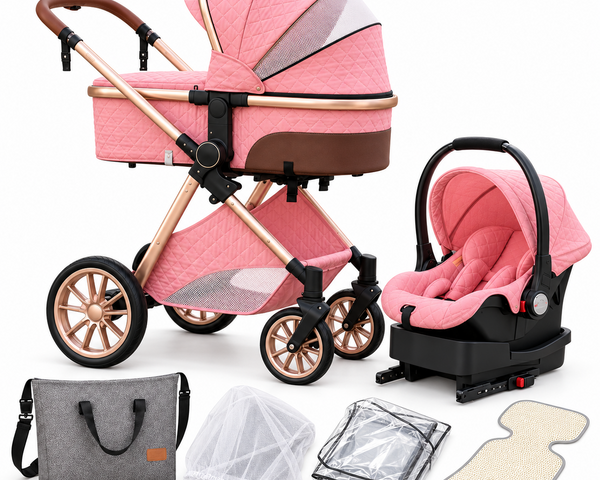 Perfect Pink 3-in-1 stroller with bassinet, infant car seat, ISOFIX base, diaper bag, mosquito net, rain cover and summer mat on a white background.