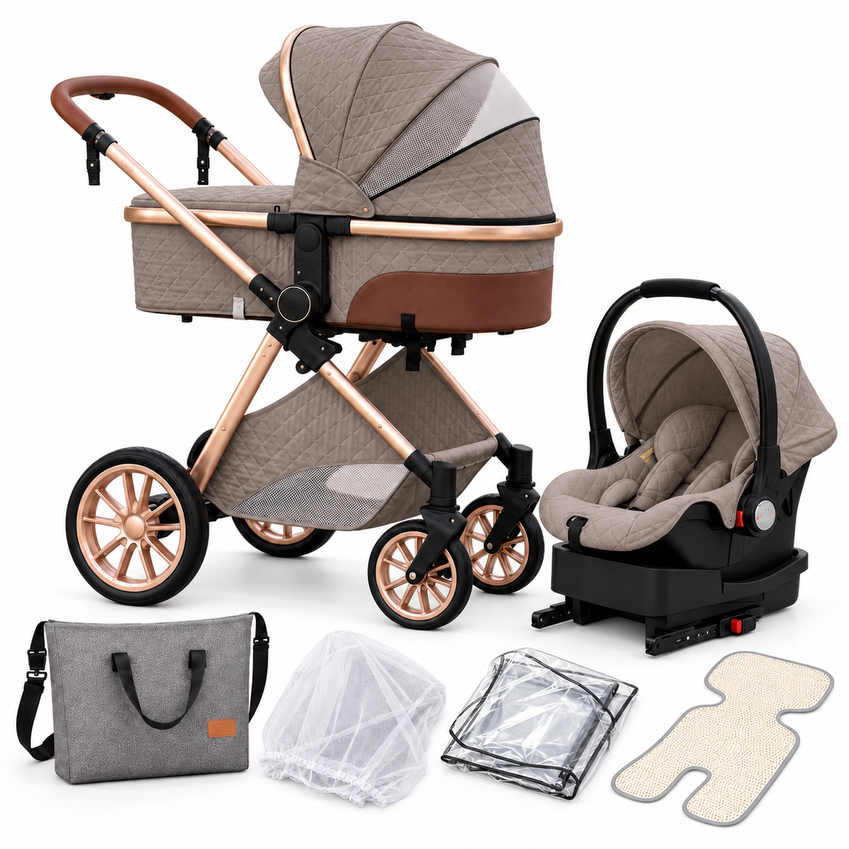 Royal Khaki 3-in-1 stroller with bassinet, infant car seat, ISOFIX base, diaper bag, mosquito net, rain cover and summer mat on a white background.