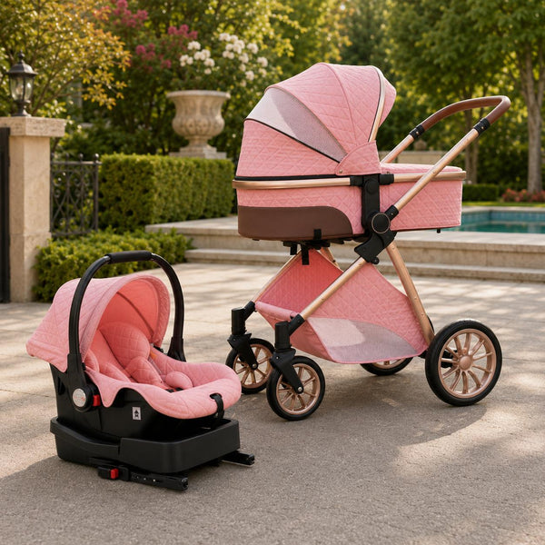 Pink 3-in-1 stroller travel system rear view