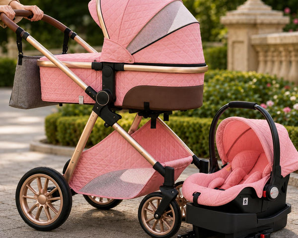 Pink luxury 3-in-1 stroller with bassinet and car seat