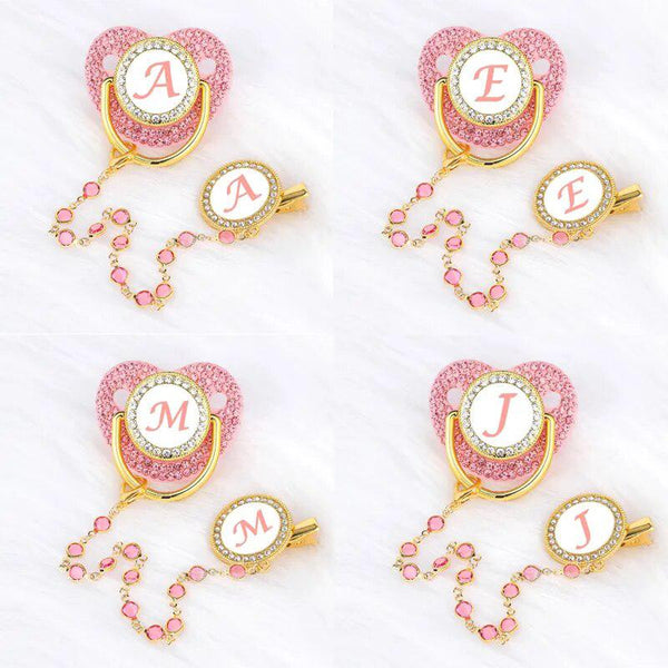 Pink Zircon Luxury Baby Pacifier Clip 26 Letters Newborn Personalized Pacifiers Holder Silicone Infant Teether Nipple BPA Free-Maternity Miracles - Mom & Baby Gifts