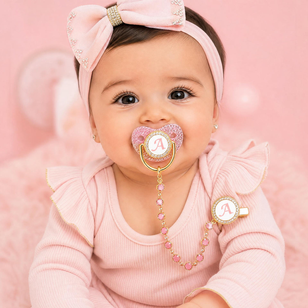 Pink Crystalized Luxury Baby Bling Pacifier & Clips