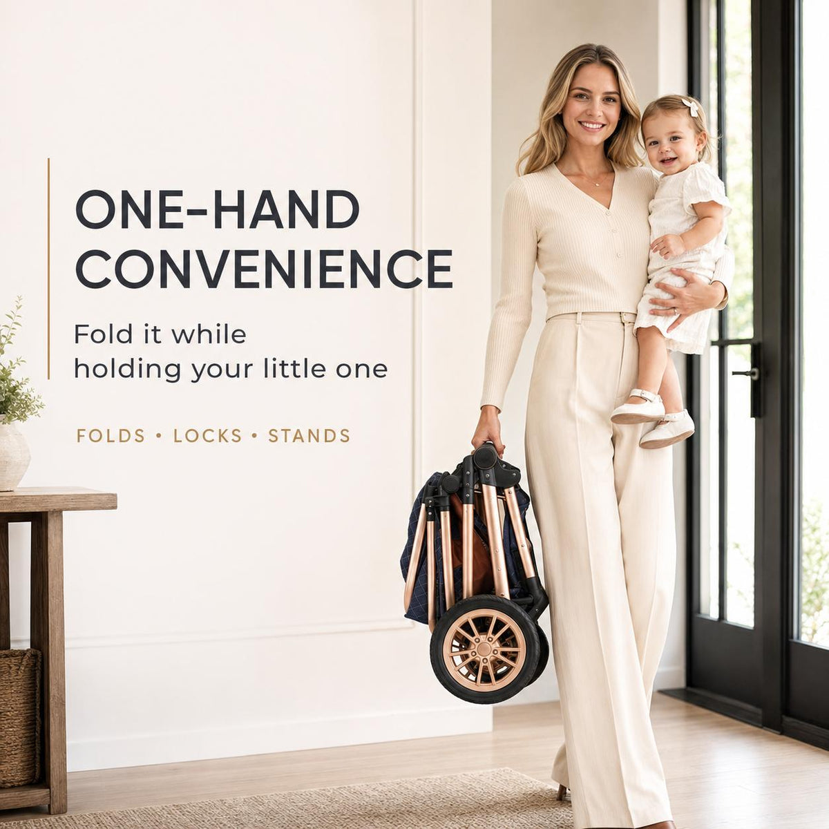 Luxury stroller designed for convenient one-hand handling