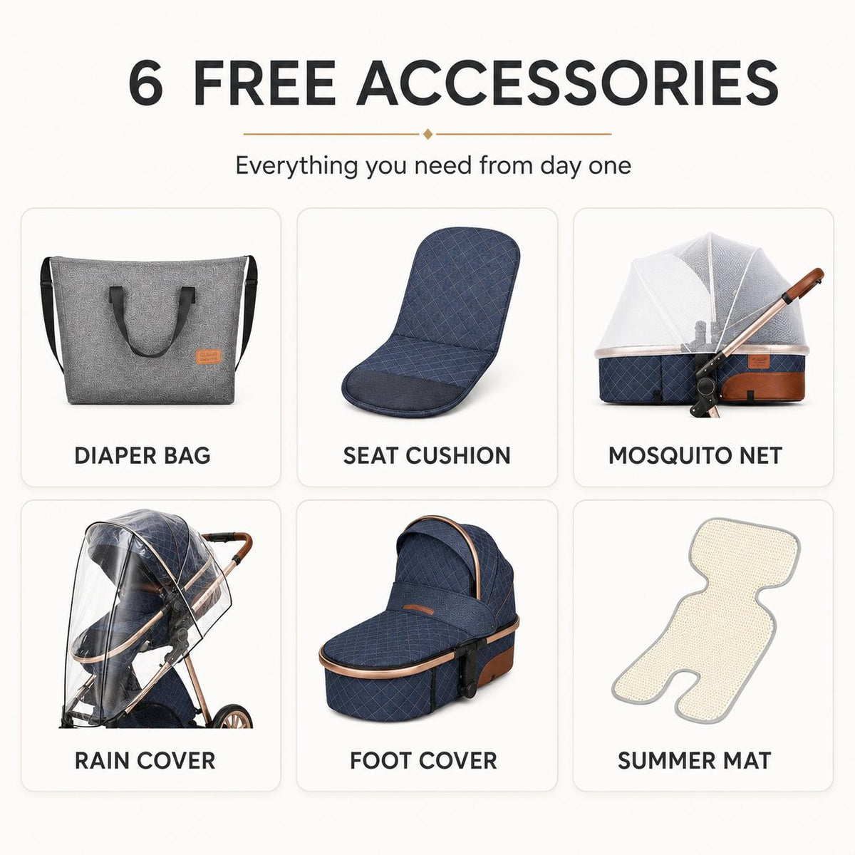 Luxury 3-in-1 stroller with six included accessories