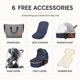 Luxury 3-in-1 stroller with six included accessories