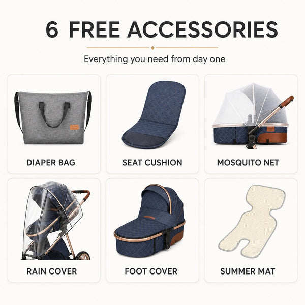 Luxury 3-in-1 stroller with six included accessories