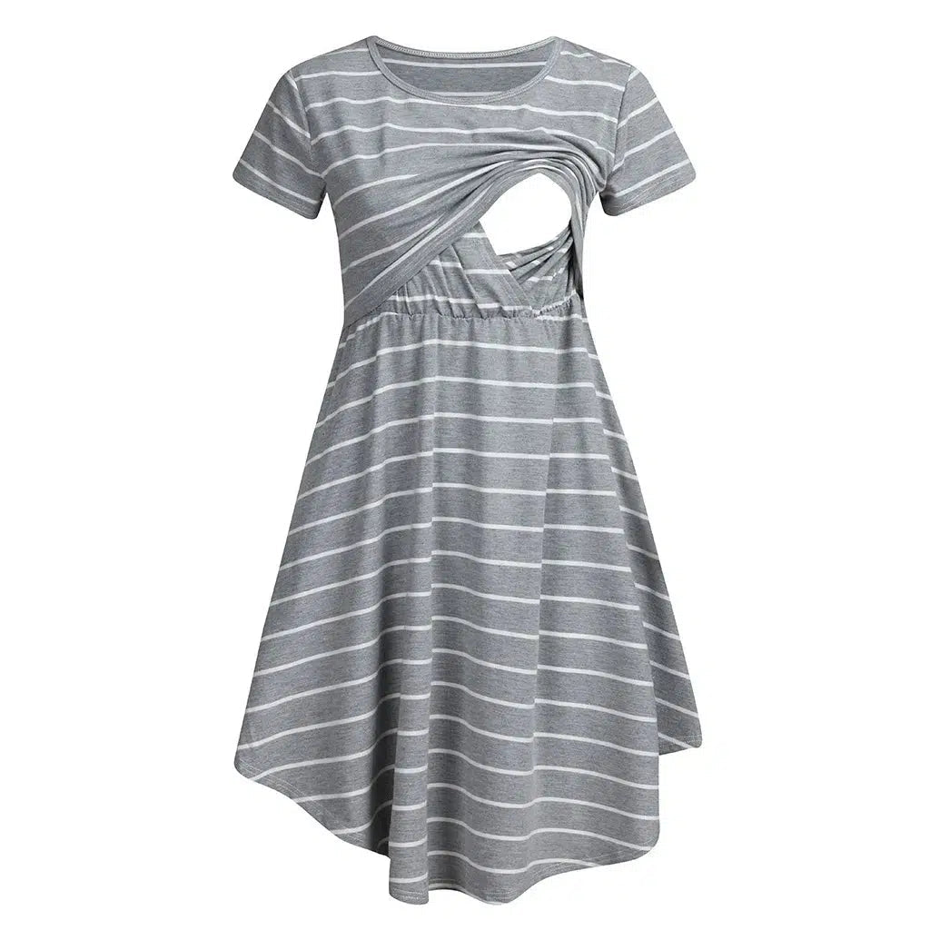 Summer Premama Breastfeeding Dresses Fashion Short Sleeve Striped Dress For Pregnant Women Maternity Baby Shower Pajama Gowns XL-Maternity Miracles - Mom & Baby Gifts