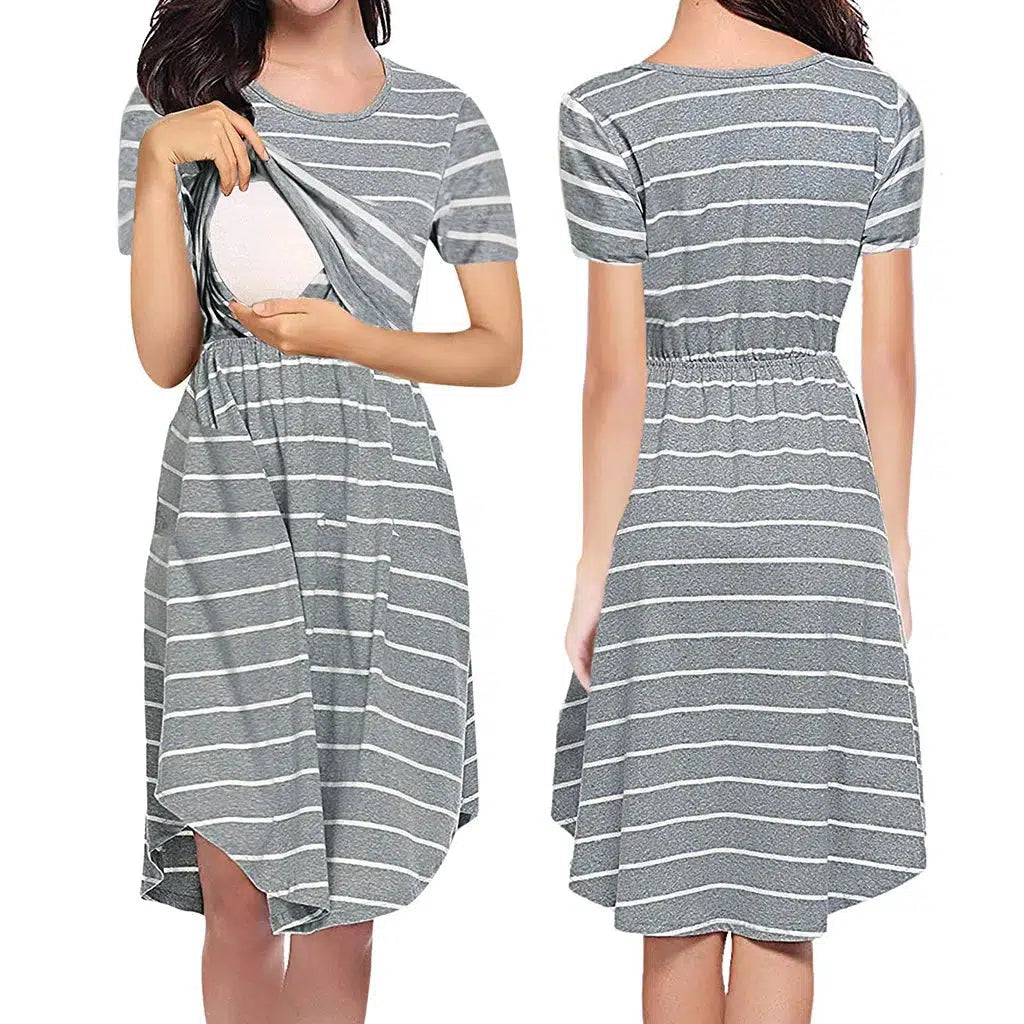 Summer Premama Breastfeeding Dresses Fashion Short Sleeve Striped Dress For Pregnant Women Maternity Baby Shower Pajama Gowns XL-Maternity Miracles - Mom & Baby Gifts